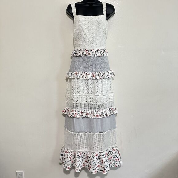 Lulus Lost In Lunar M Florance Cottagecore Linen Cotton Eyelet Tiered Maxi Dress - Picture 2 of 14